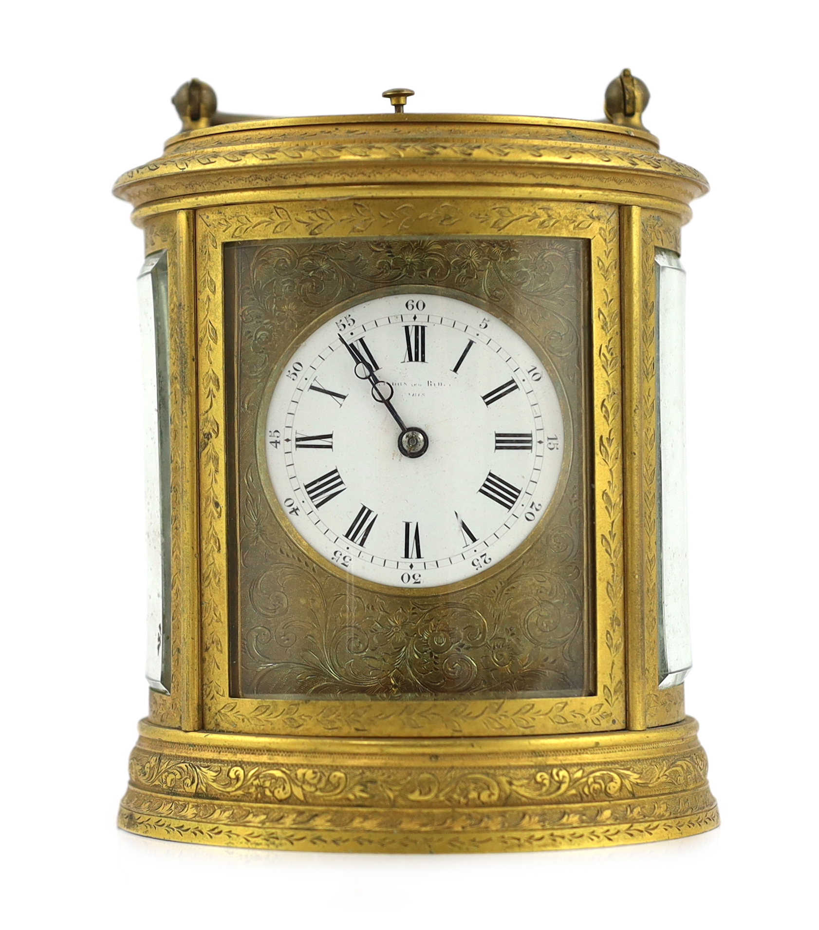 Drocourt & Co., a late 19th century French hour repeating ormolu oval cased carriage clock, 13.5cm high